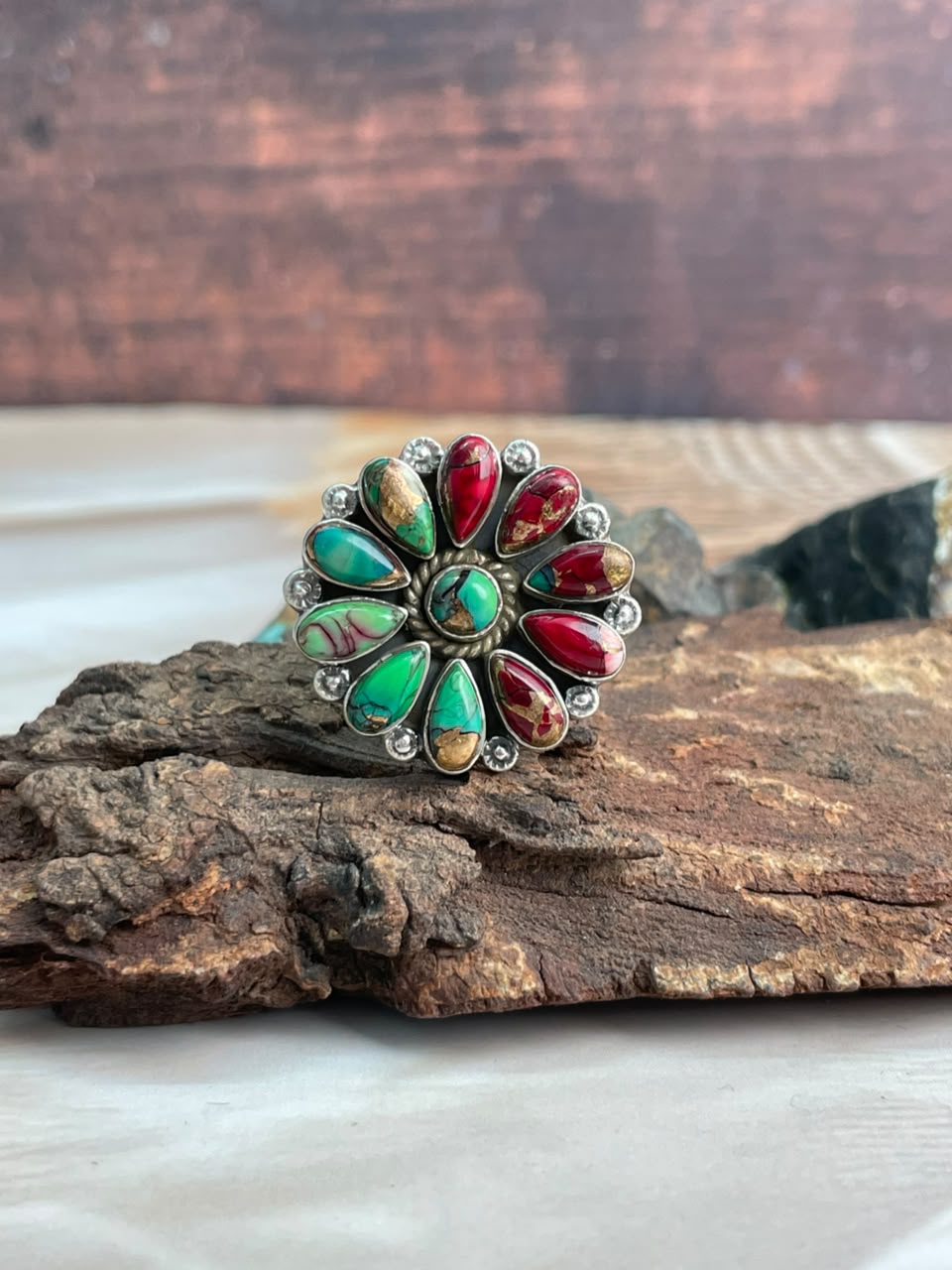 Handmade Sterling Silver Christmas Dahlia Collection: Adjustable Ring Signed Nizhoni