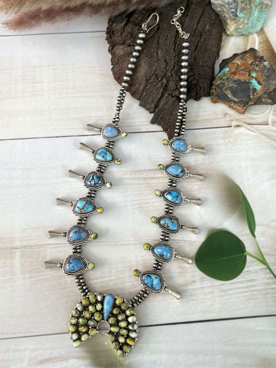 Handmade Sterling Silver Palomino with Golden Hills Turquoise Beaded Naja Necklace Signed Nizhoni