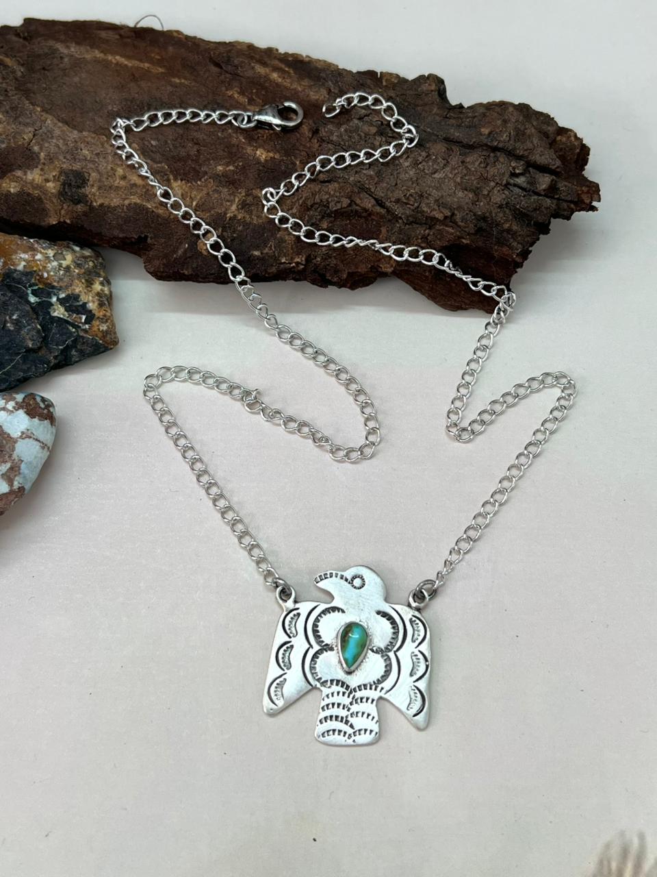 Handmade Sterling Silver Sonoran Mountain Turquoise Thunder Bird Necklace "Signed Nizhoni"
