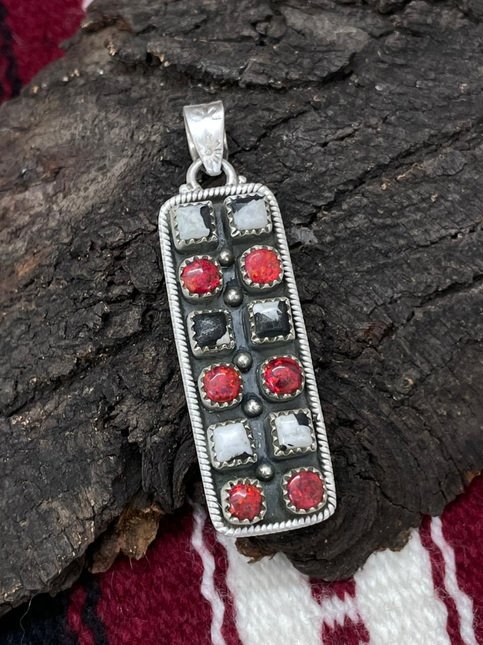 "Christmas Collection" Handmade Sterling Silver Red Opal with White Buffalo Pendant " Signed Nizhoni"