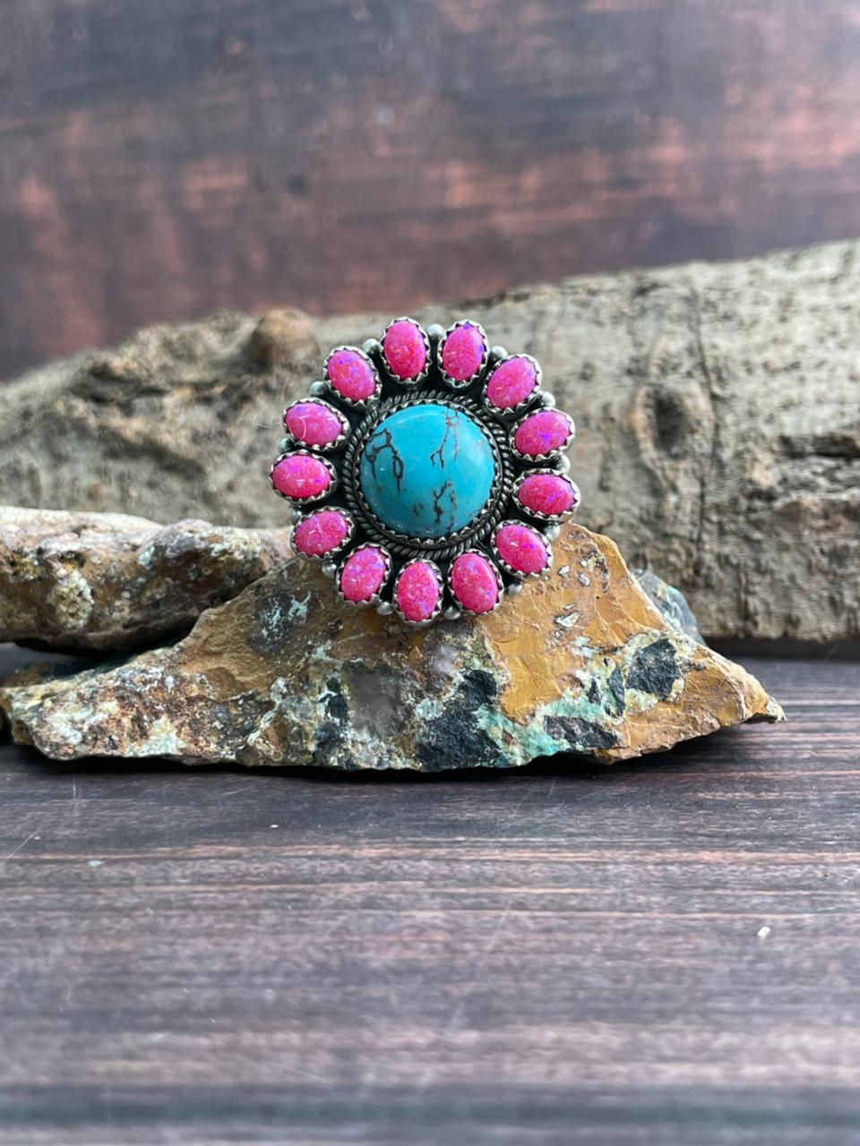 Handmade Sterling Silver Arizona Turquoise with Hot Pink Adjustable Ring "Signed Nizhoni"