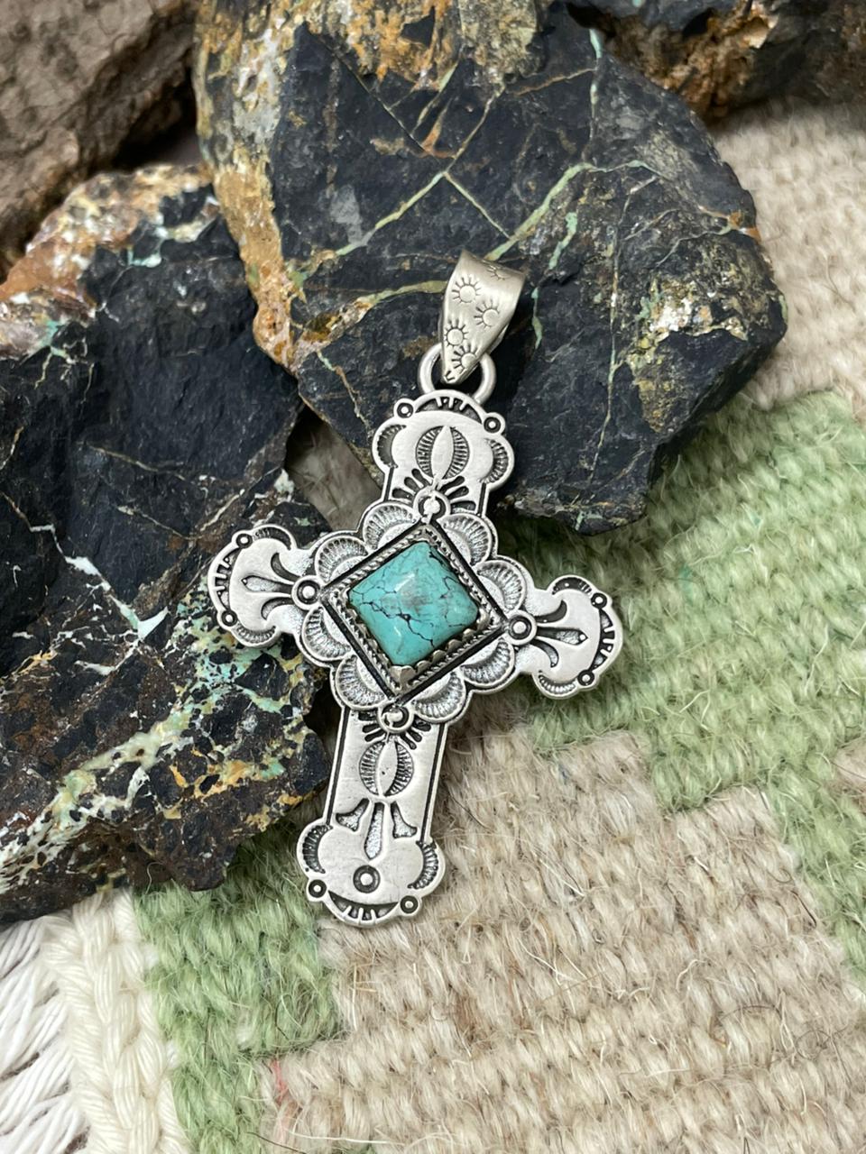 Handmade Sterling Silver Kingman Turquoise Cross Pendant "Signed Nizhoni"