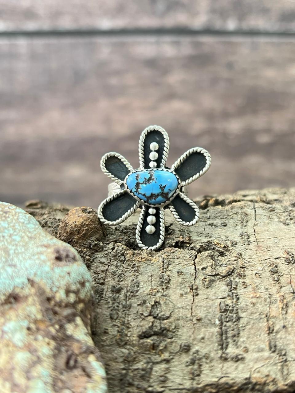 Handmade Sterling Silver Golden Hills Turquoise Adjustable Ring "Signed Nizhoni"
