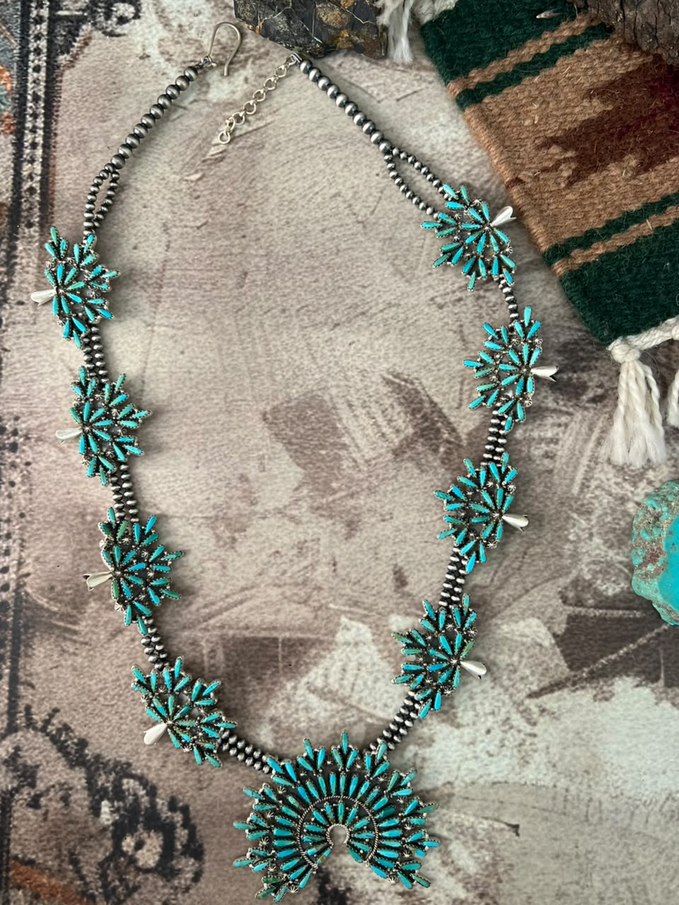 Handmade Sterling Silver Kingman Turquoise Beaded Squash Blossom Naja Necklace Signed Nizhoni