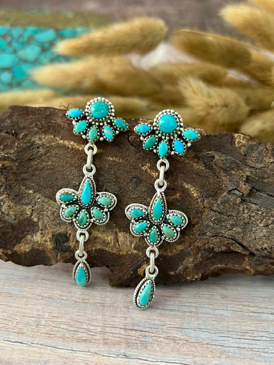 Handmade Sterling Silver Kingman Turquoise Post Dangle Earrings "Signed Nizhoni"
