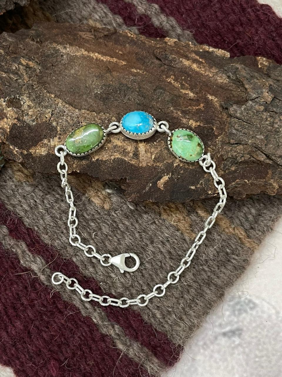 Handmade Sterling Silver Multi Stone Chain Bracelet "Signed Nizhoni"
