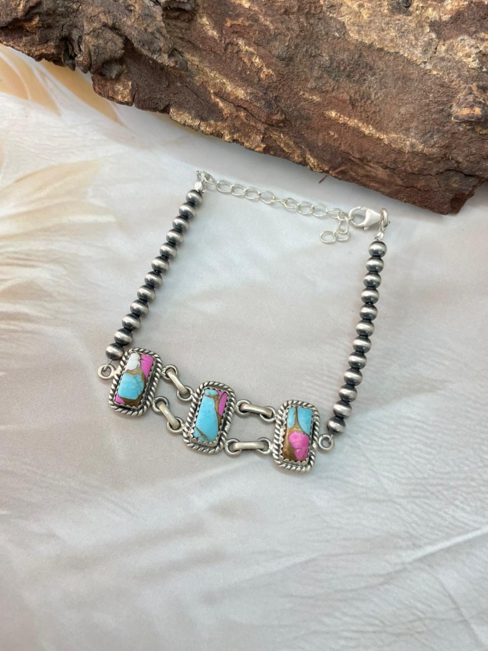 Handmade Sterling Silver Cotton Candy Beaded Bracelet "Signed Nizhoni"