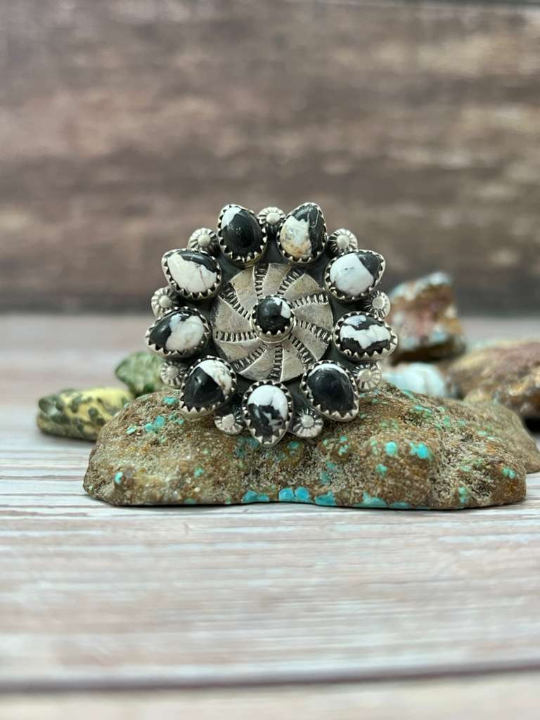 Handmade Sterling Silver White Buffalo Adjustable Ring "Signed Nizhoni" (1)