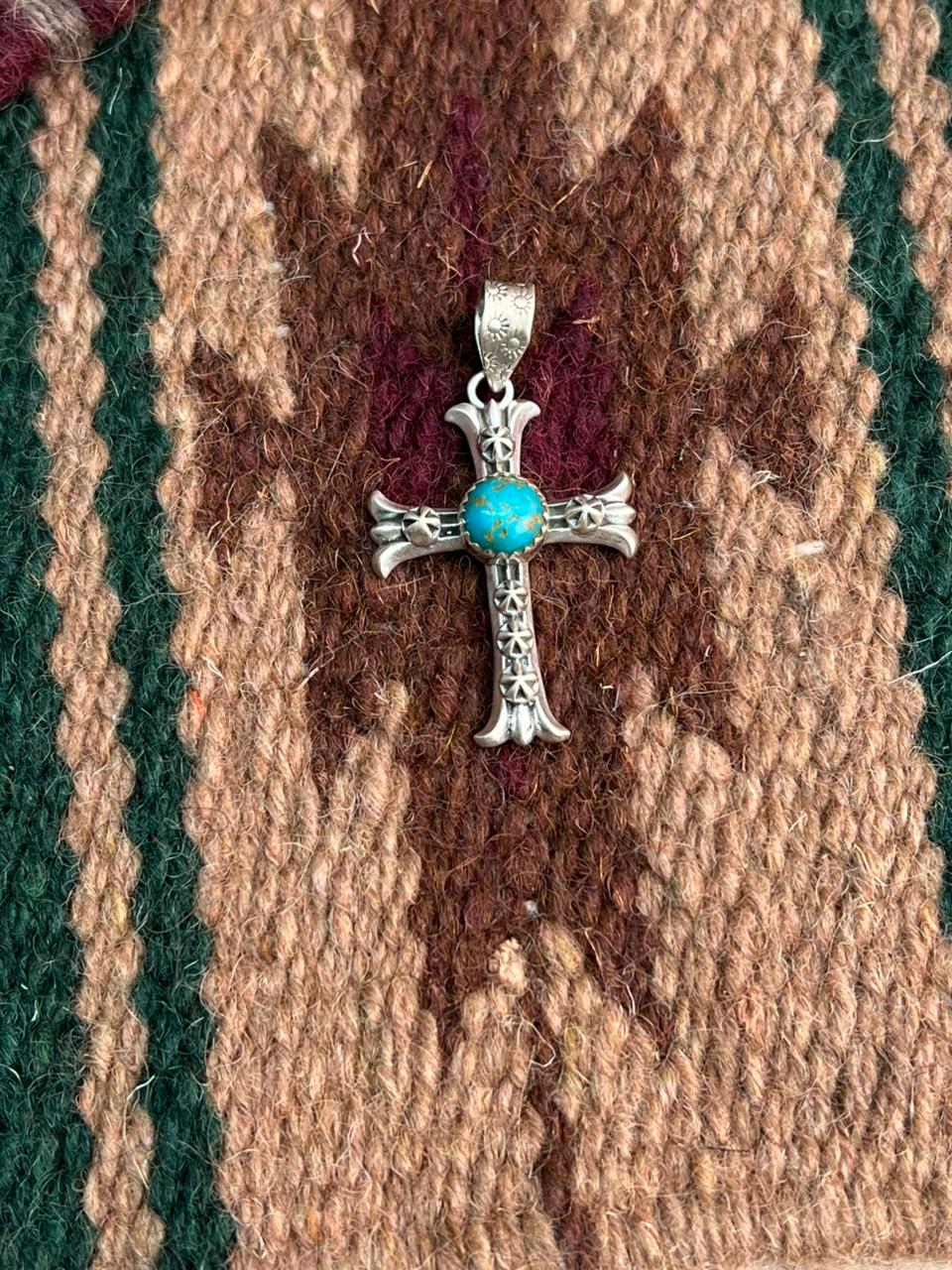 Handmade Sterling Silver Kingman Turquoise Cross Pendant "Signed Nizhoni"