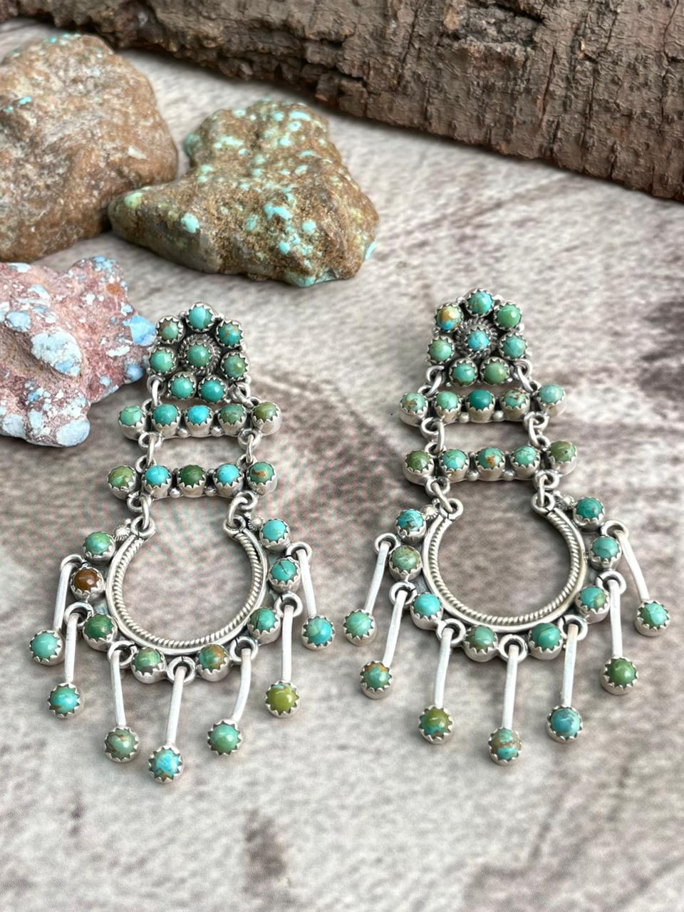 Handmade Sterling Silver Kingman Turquoise Post Dangle Earrings with Signed Nizhoni