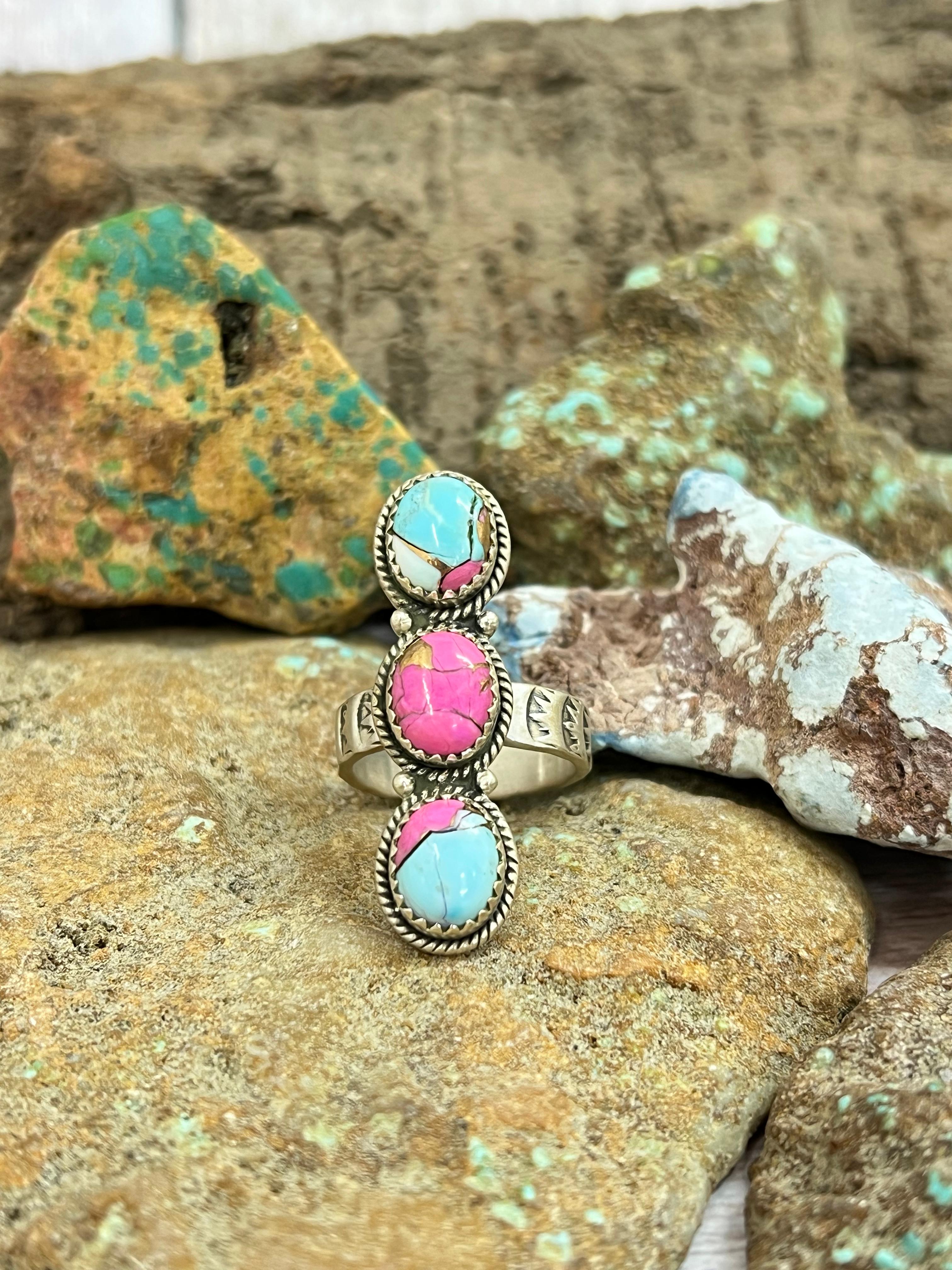 Handmade Sterling Silver Cotton Candy Turquoise Adjustable Ring with Signed Nizhoni