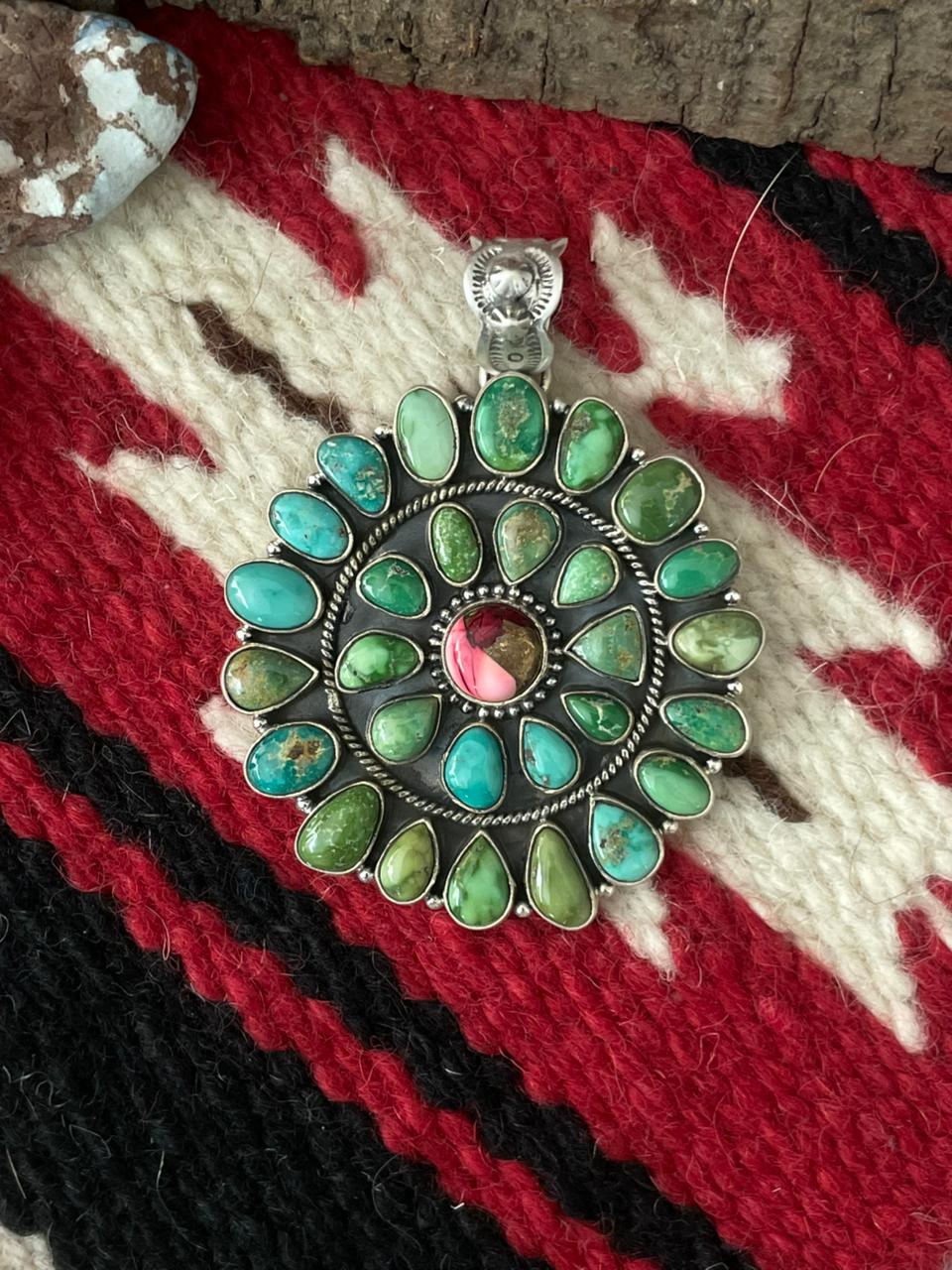 Handmade Sterling Silver Dahlia Rose with Emerald Valley Turquoise Pendant "Signed Nizhoni"