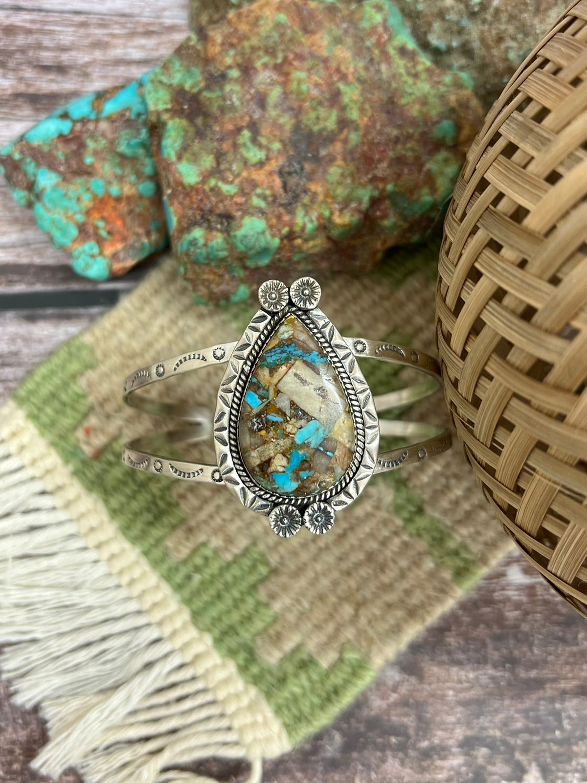 Handmade Sterling Silver Royston Turquoise Cuff Bracelet with Signed Nizhoni