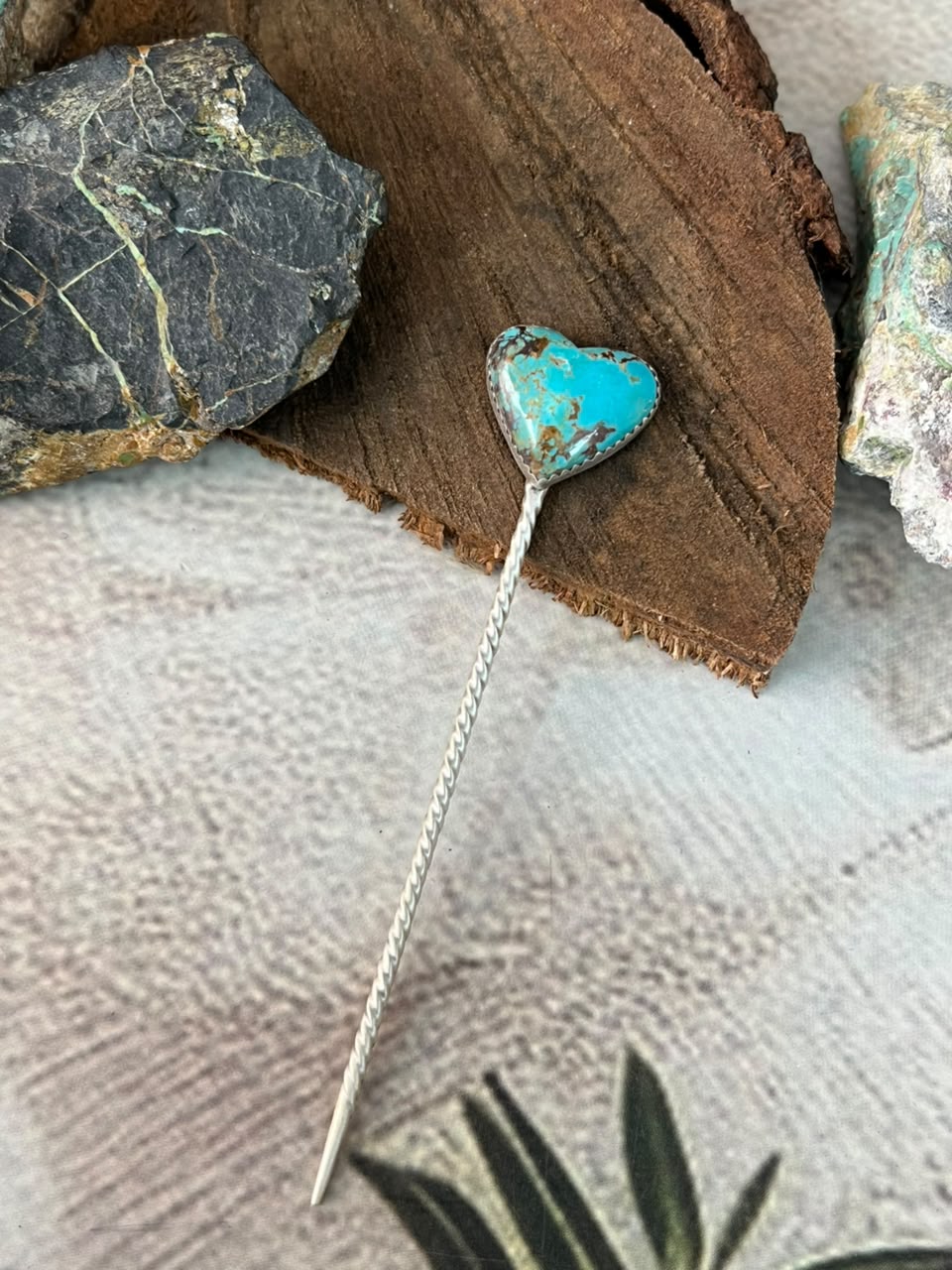 Handmade Sterling Silver Kingman Turquoise Heart Hair Pin Signed Nizhoni