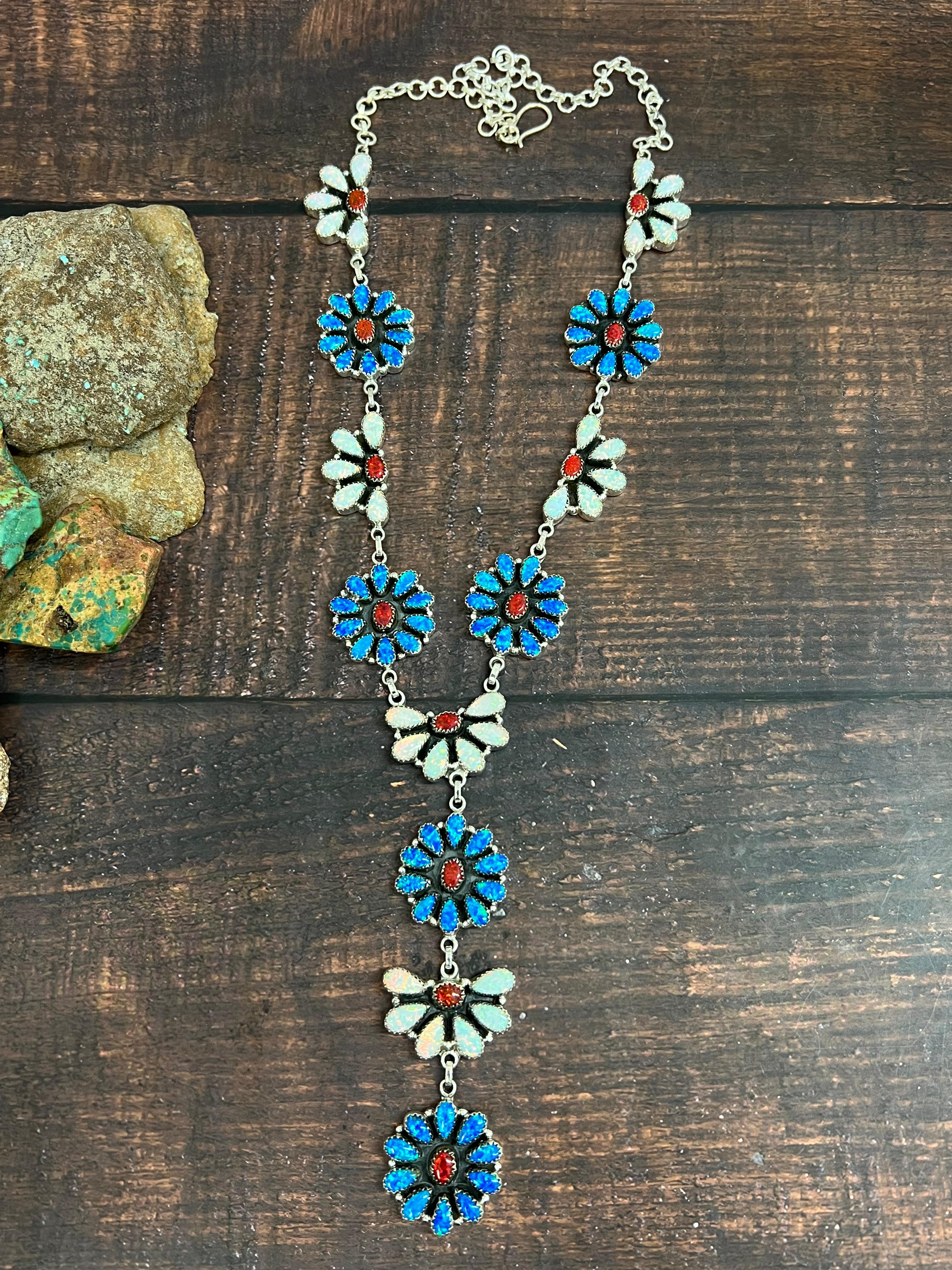 ** 4TH OF JULY ** Handmade Sterling Silver Synthetic Opal Necklace with Signed Nizhoni