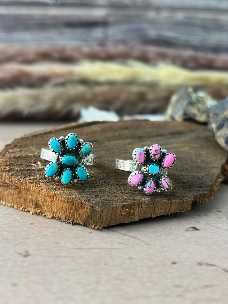 Handmade Sterling Silver Kingman Turquoise and Cotton Candy Adjustable Ring Signed Nizhoni