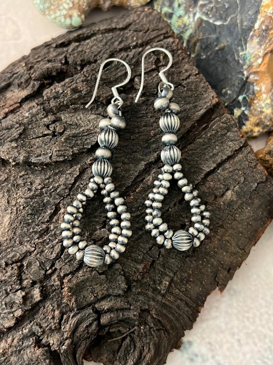 Handmade Sterling Silver Beaded Hook Dangle Earrings "Signed Nizhoni"