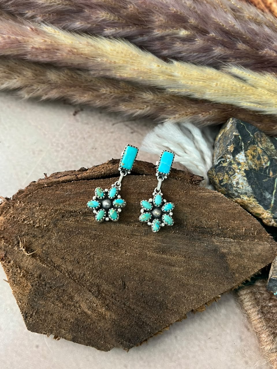 Handmade Sterling Silver Kingman Turquoise Post Dangle Earrings Signed Nizhoni