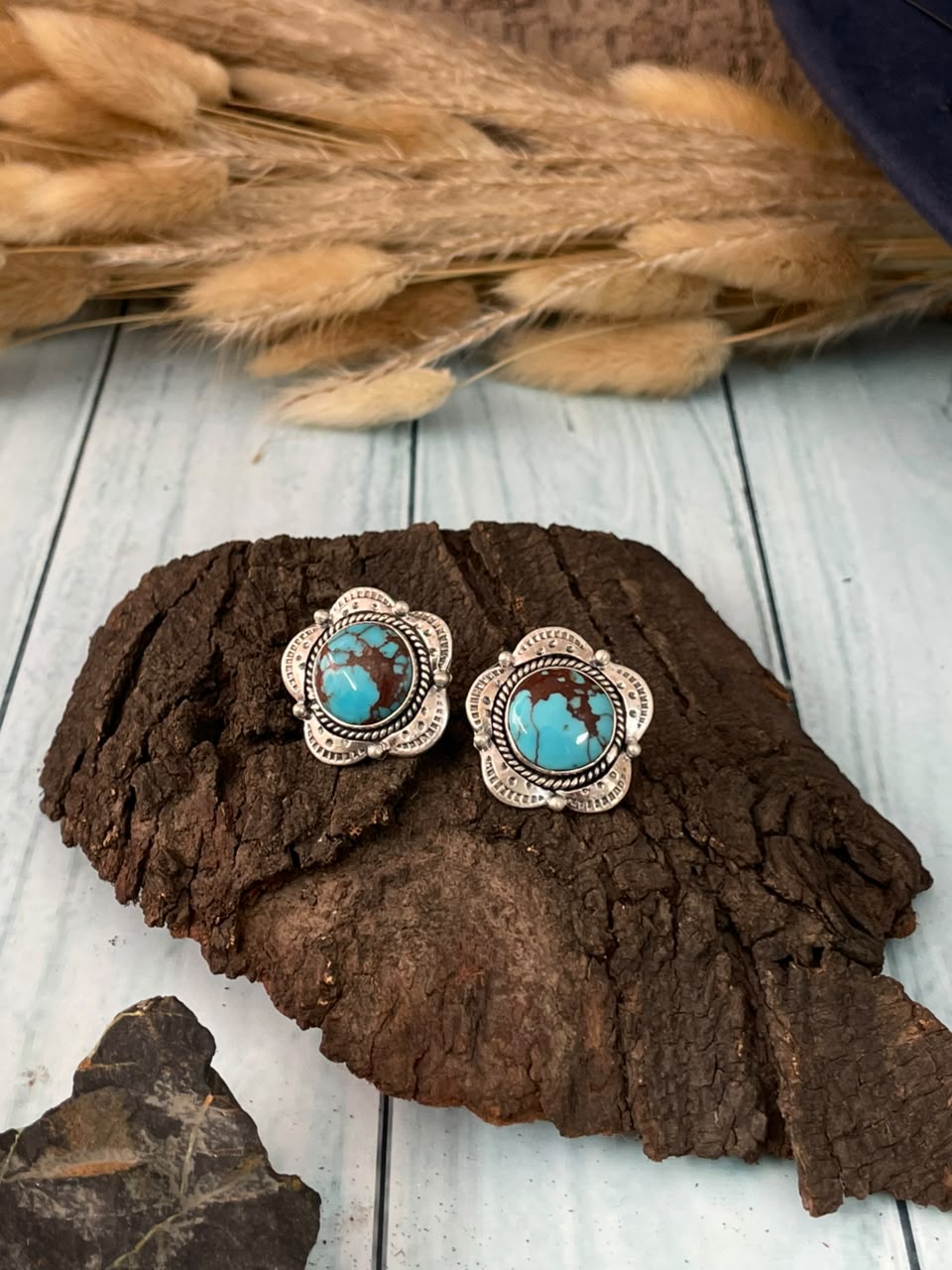 Handmade Sterling Silver Egyptian Turquoise Collection: Post Studs Earrings Signed Nizhoni