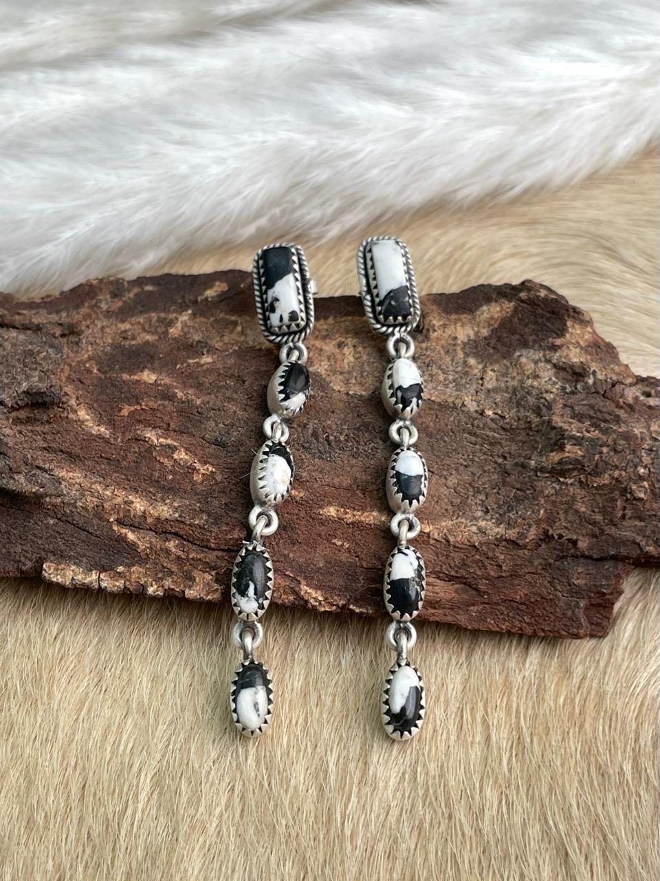 Handmade Sterling Silver White Buffalo Post Dangle Earrings "Signed Nizhoni"