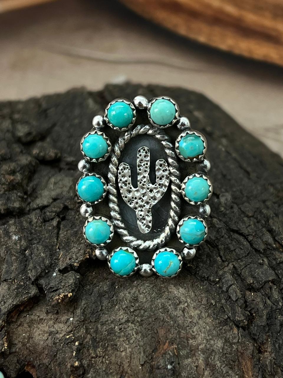 Handmade Sterling Silver Kingman Turquoise Cactus Adjustable Ring "Signed Nizhoni"