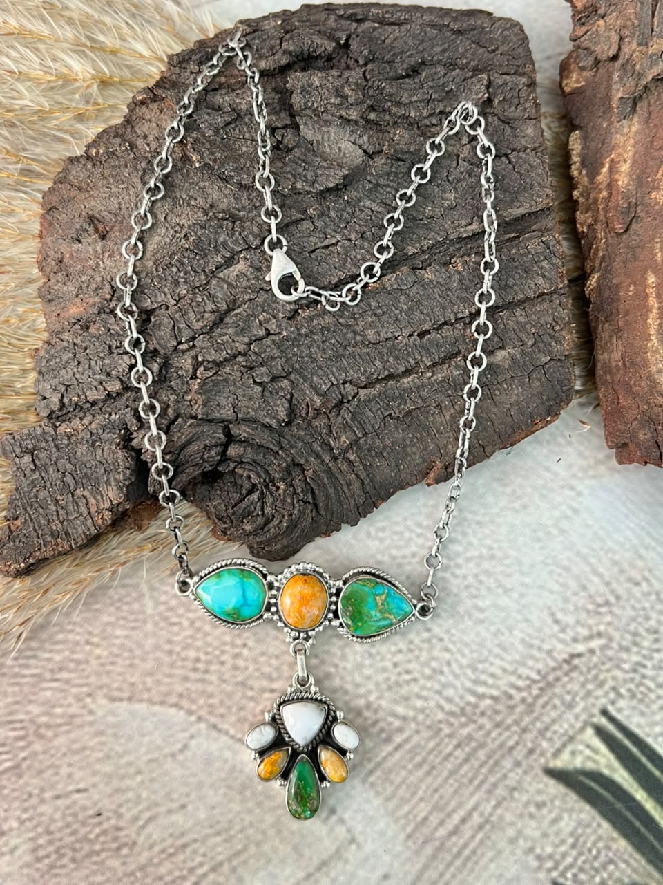 Handmade Sterling Silver Sonoran Mountain Turquoise with Bumblebee and White Buffalo Spring Collection: Necklace Signed Nizhoni