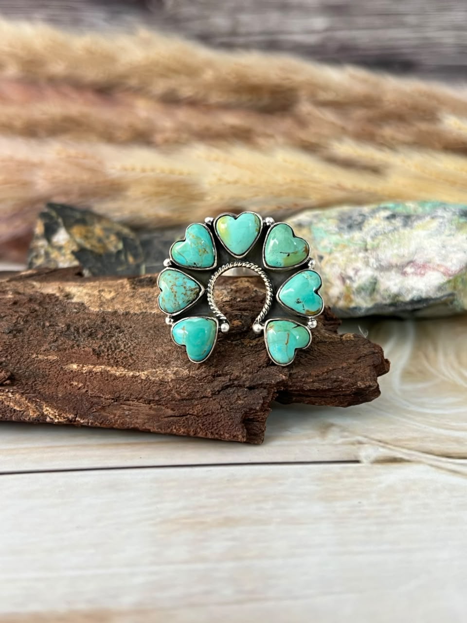 Handmade Sterling Silver Kingman Turquoise Naja Heart Adjustable Ring Signed Nizhoni