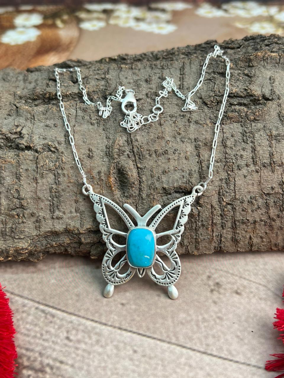 Handmade Sterling Silver Kingman Turquoise Butterfly Necklace "Signed Nizhoni"