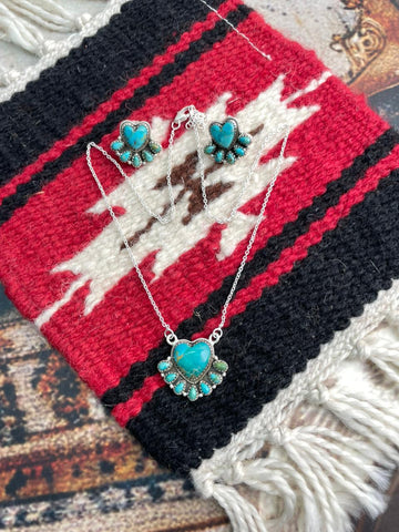 Handmade Sterling Silver Kingman Turquoise Necklace Earrings Set "Signed Nizhoni"
