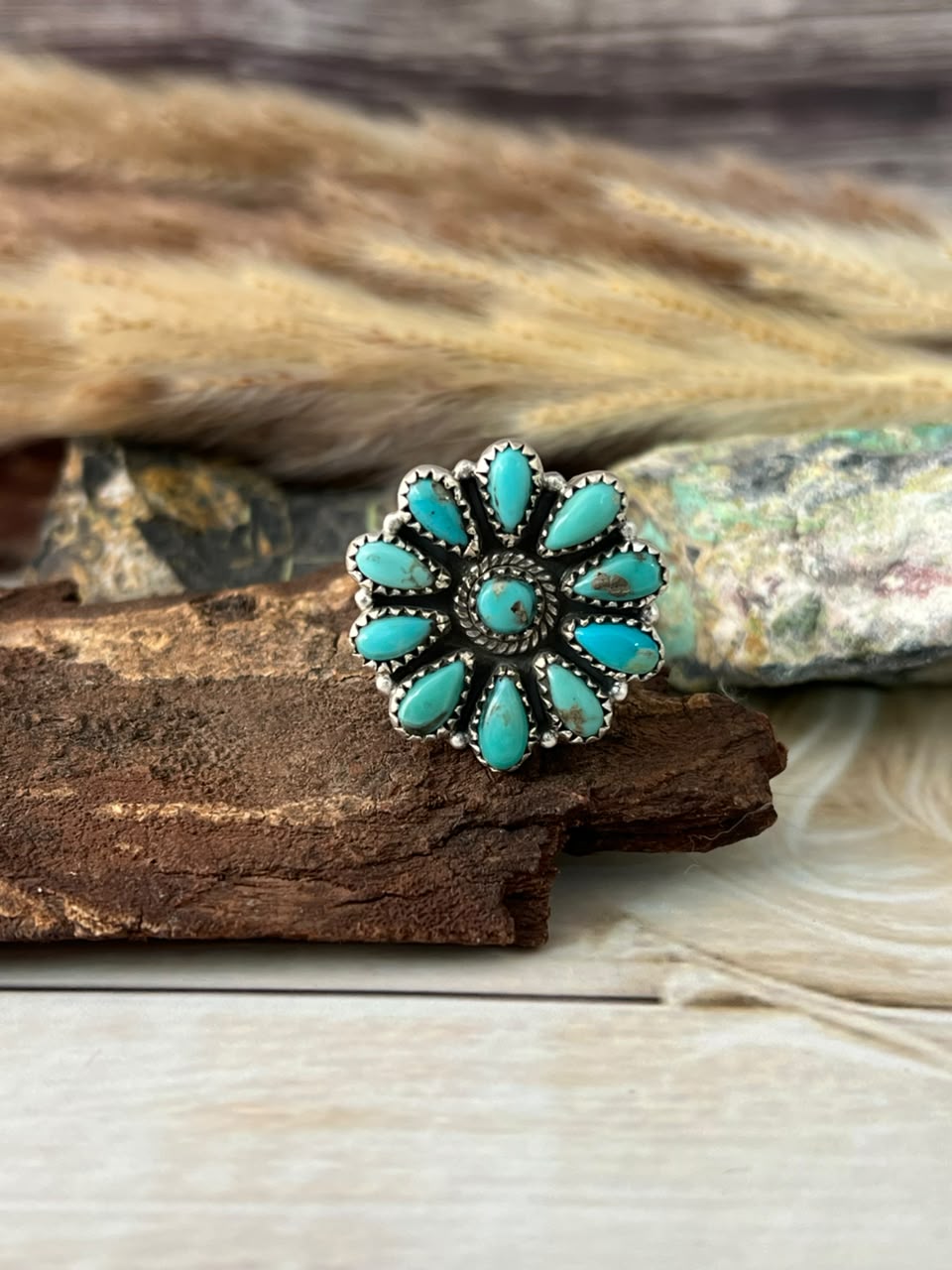 Handmade Sterling Silver Campitos Turquoise Adjustable Ring Signed Nizhoni