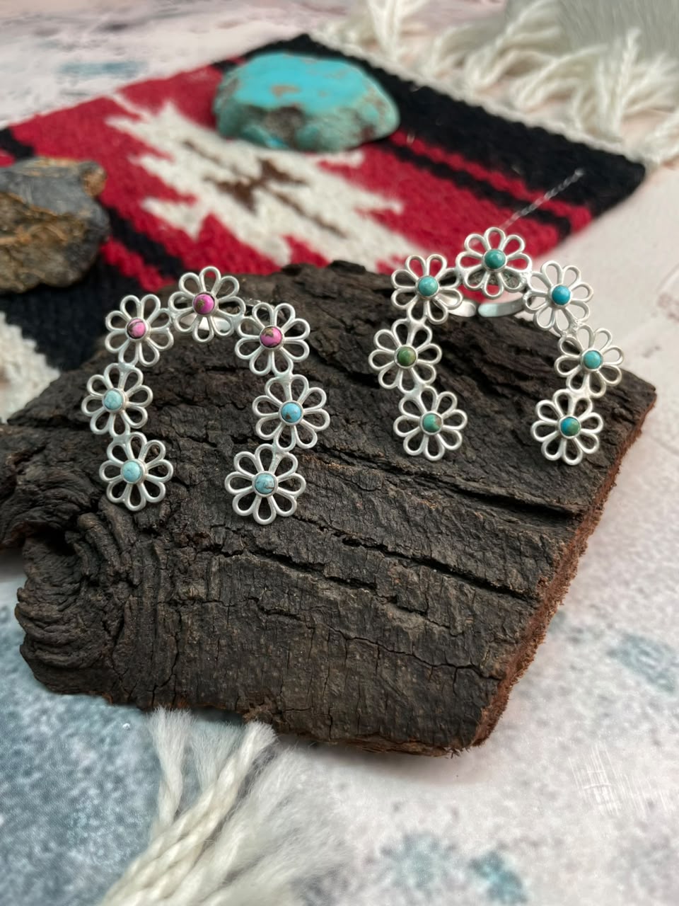 Handmade Sterling Silver Cotton Candy and Kingman Turquoise Flower Collection: Naja Adjustable Ring