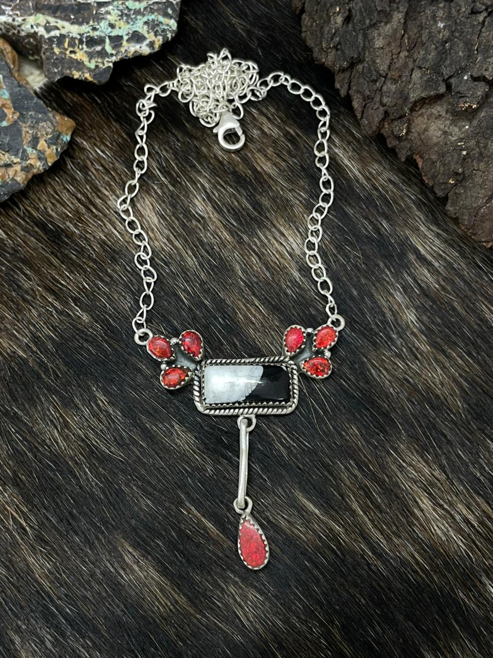 Handmade Sterling Silver White Buffalo with Red Opal Necklace "Signed Nizhoni"