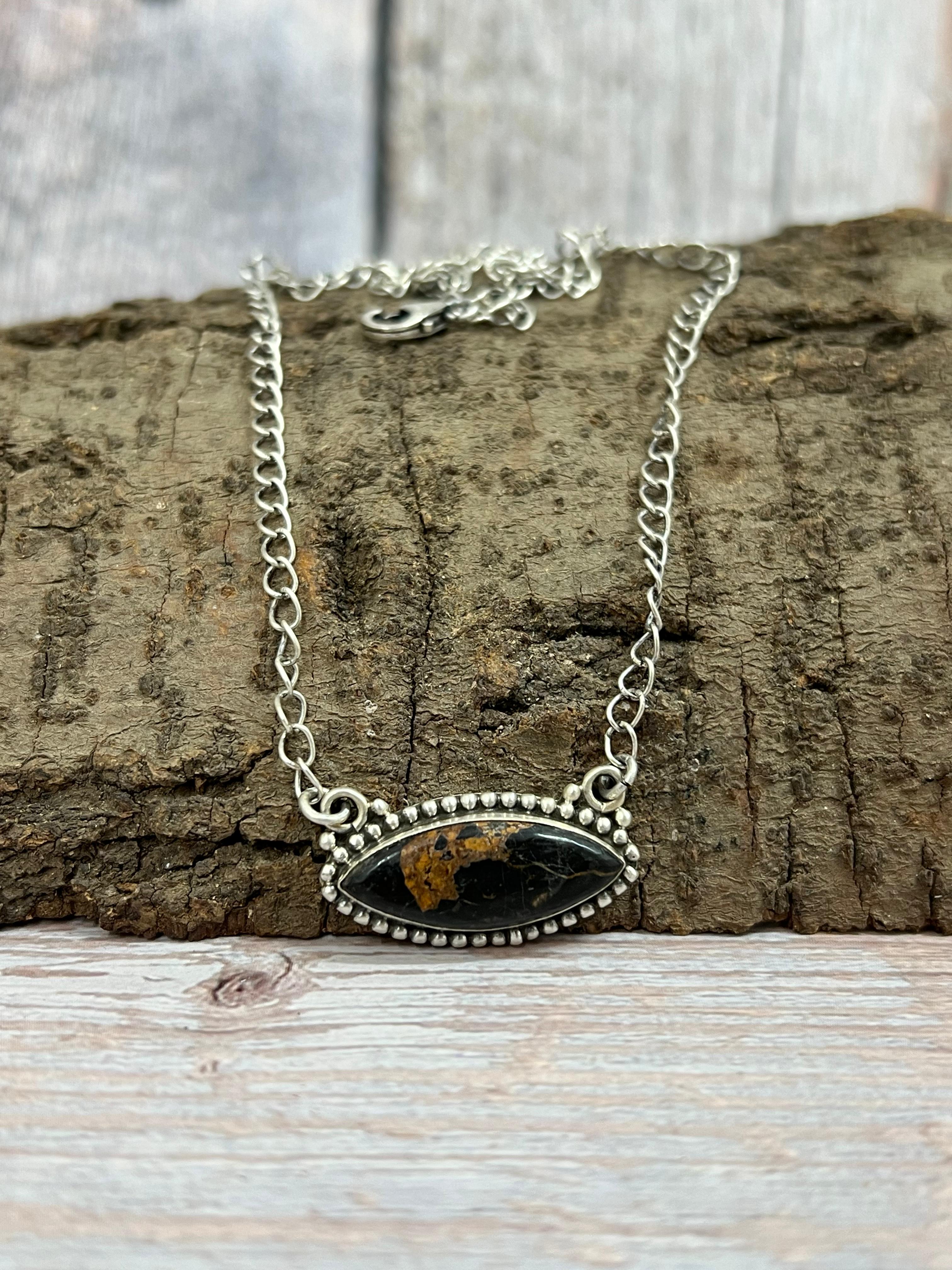 Handmade Sterling Silver Black Jack Necklace with Signed Nizhoni