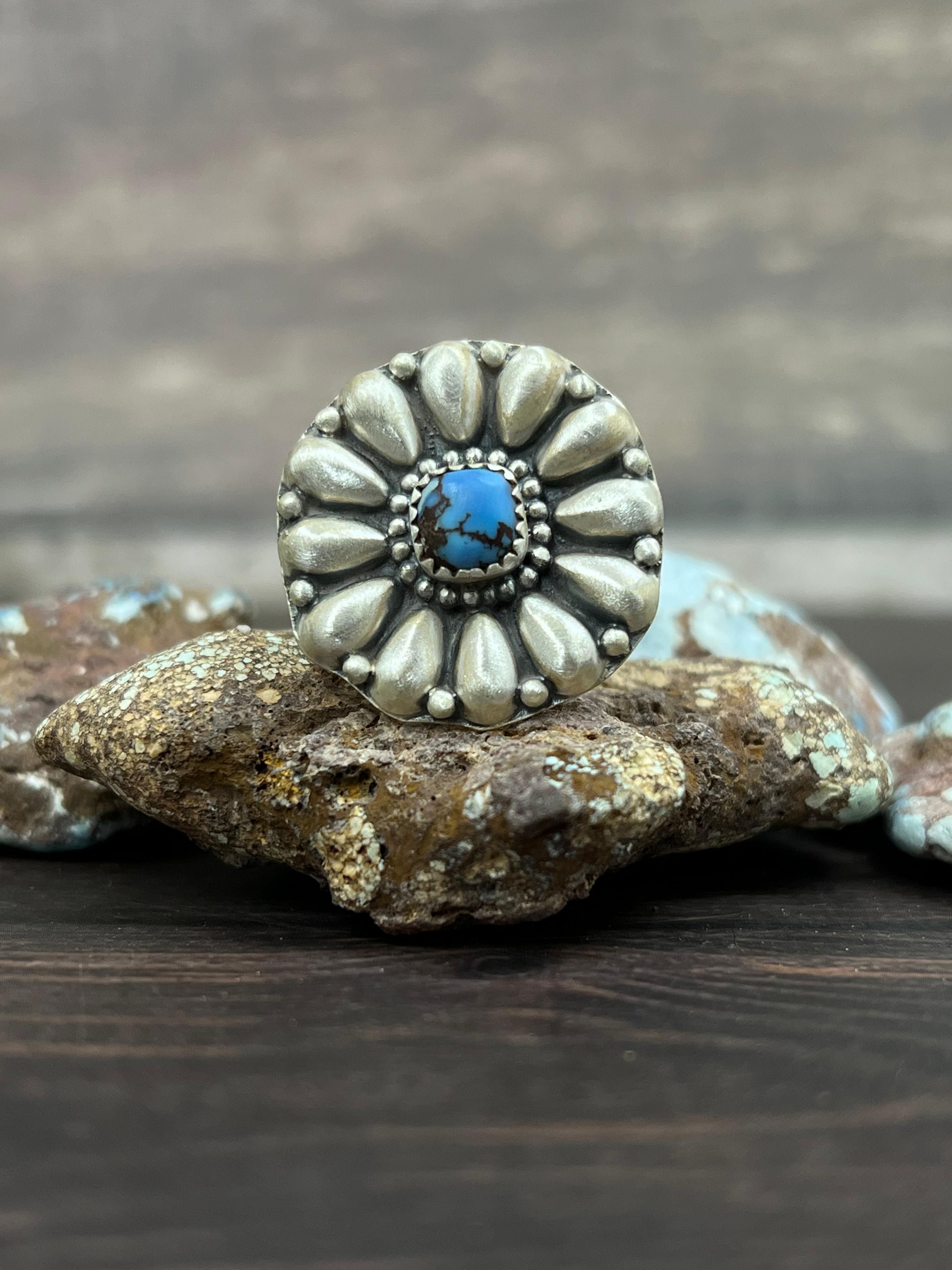 Handmade Sterling Silver with Golden Hills Turquoise Adjustable Ring With Signed Nizhoni