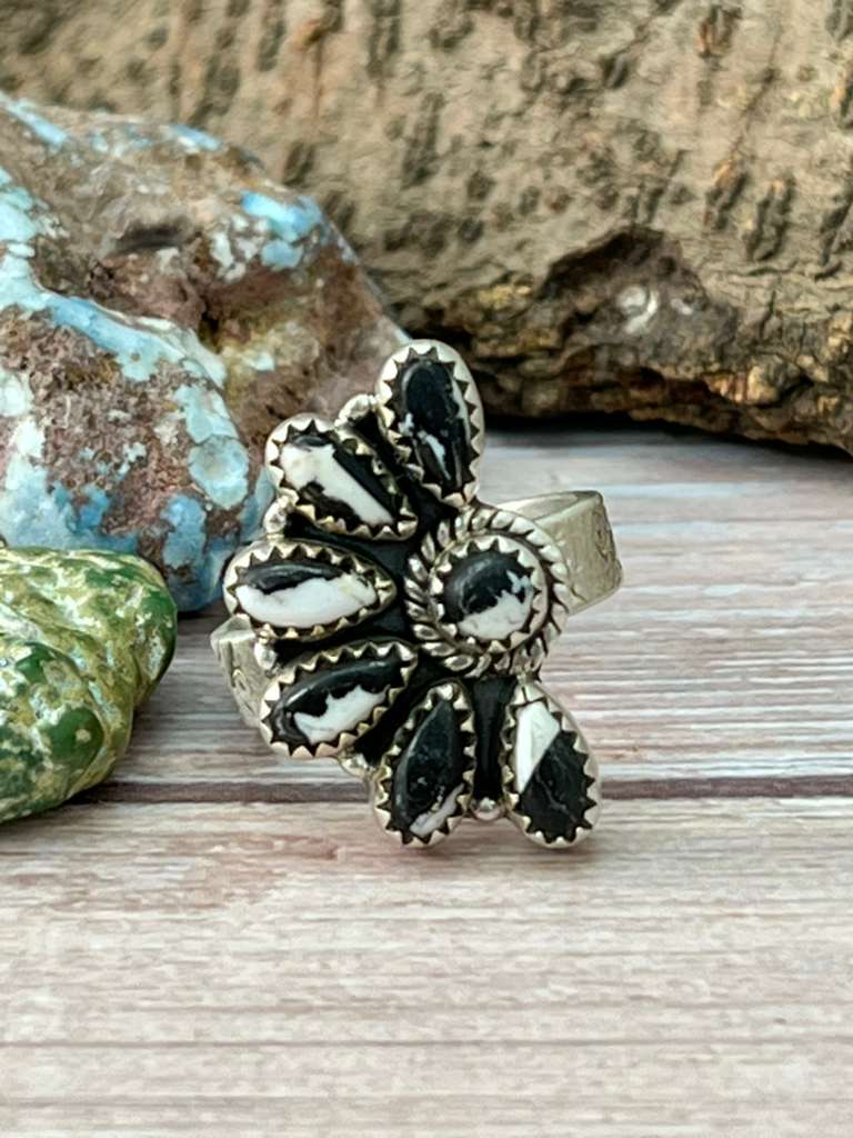 Handmade Sterling Silver White Buffalo Adjustable Ring with Signed Nizhoni