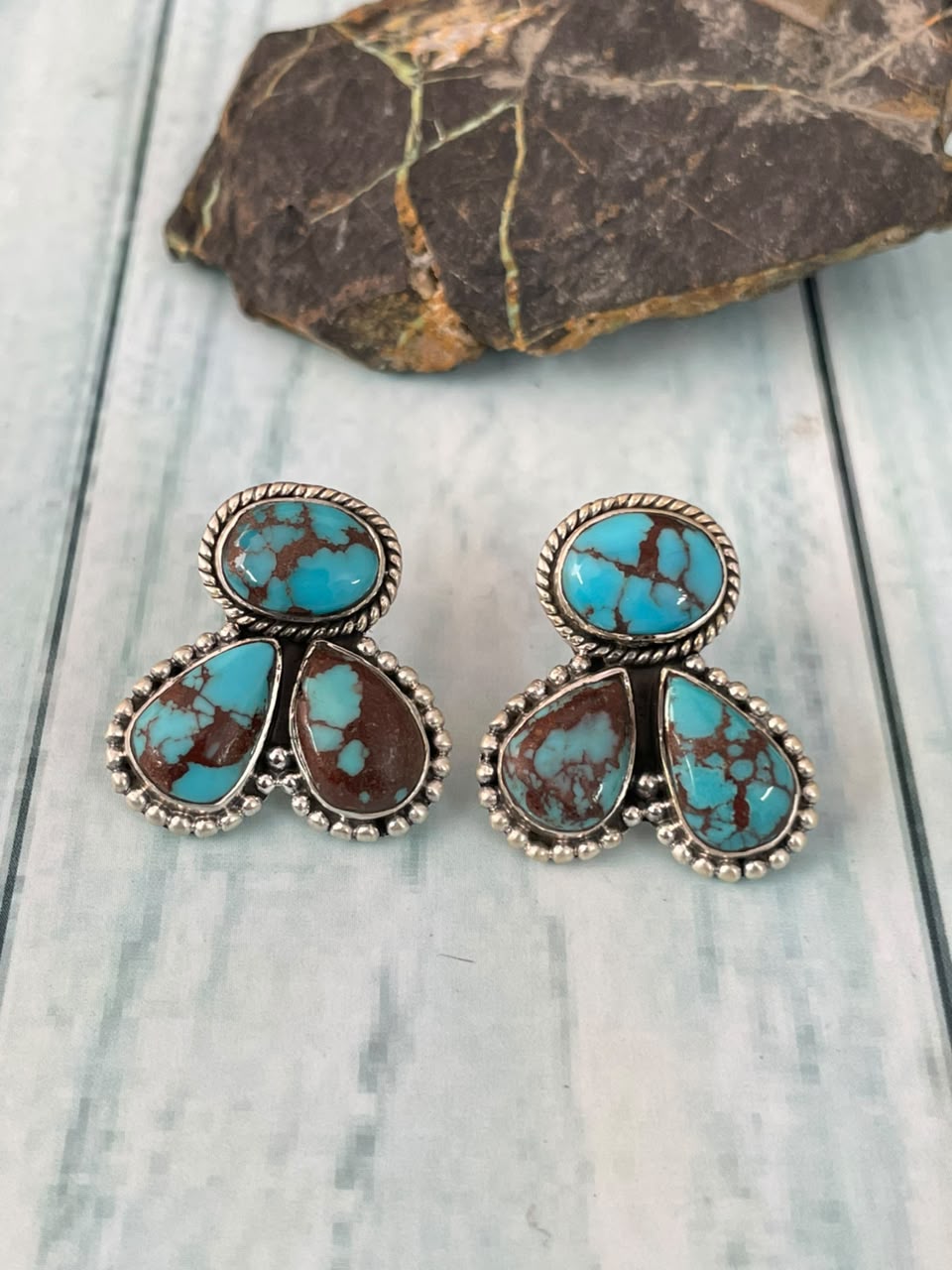 Handmade Sterling Silver Egyptian Turquoise Collection: Post Studs Earrings Signed Nizhoni