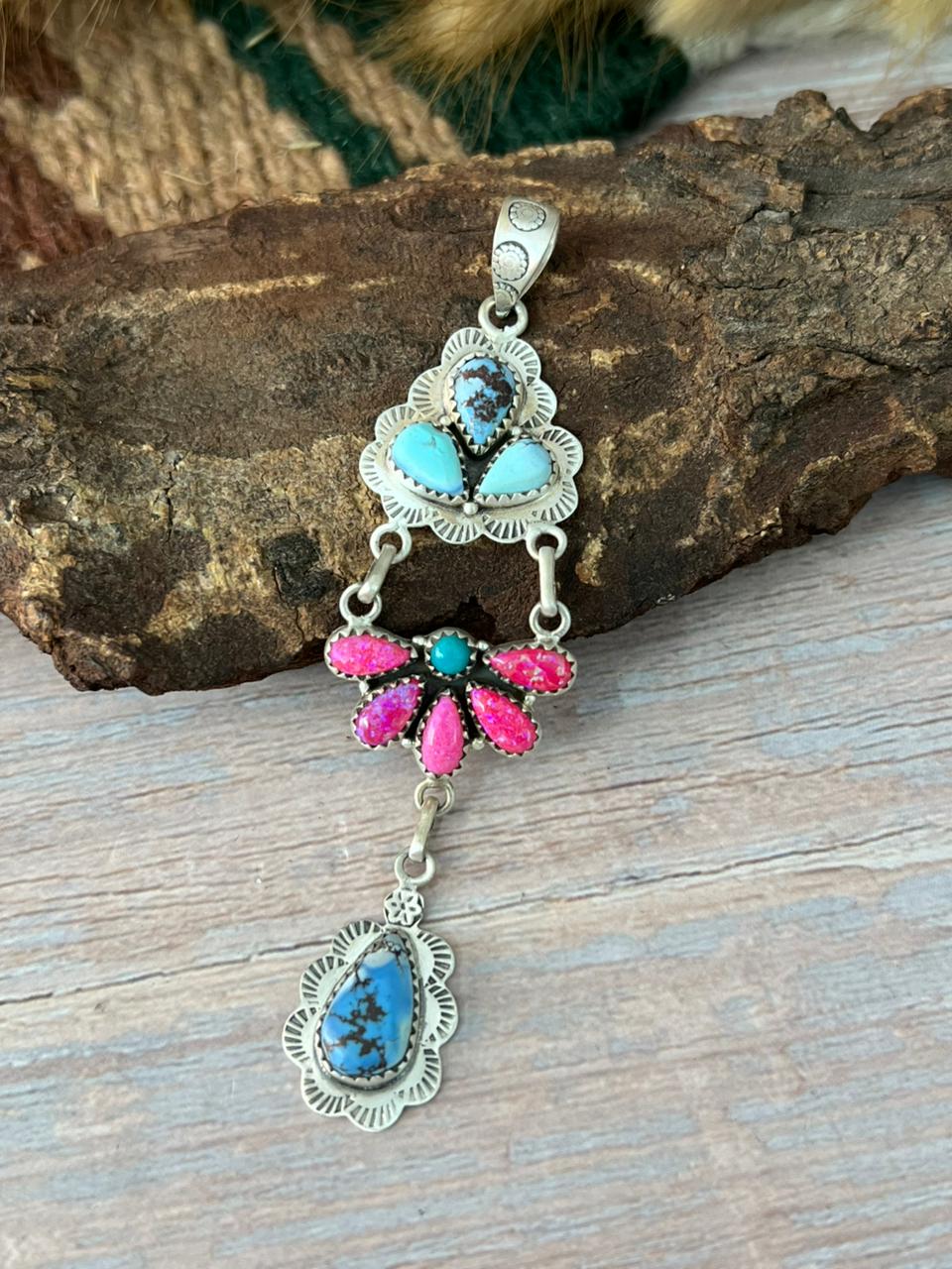 Handmade Sterling Silver Kingman with Golden Hills Turquoise and Hot Pink Pendant "Signed Nizhoni"