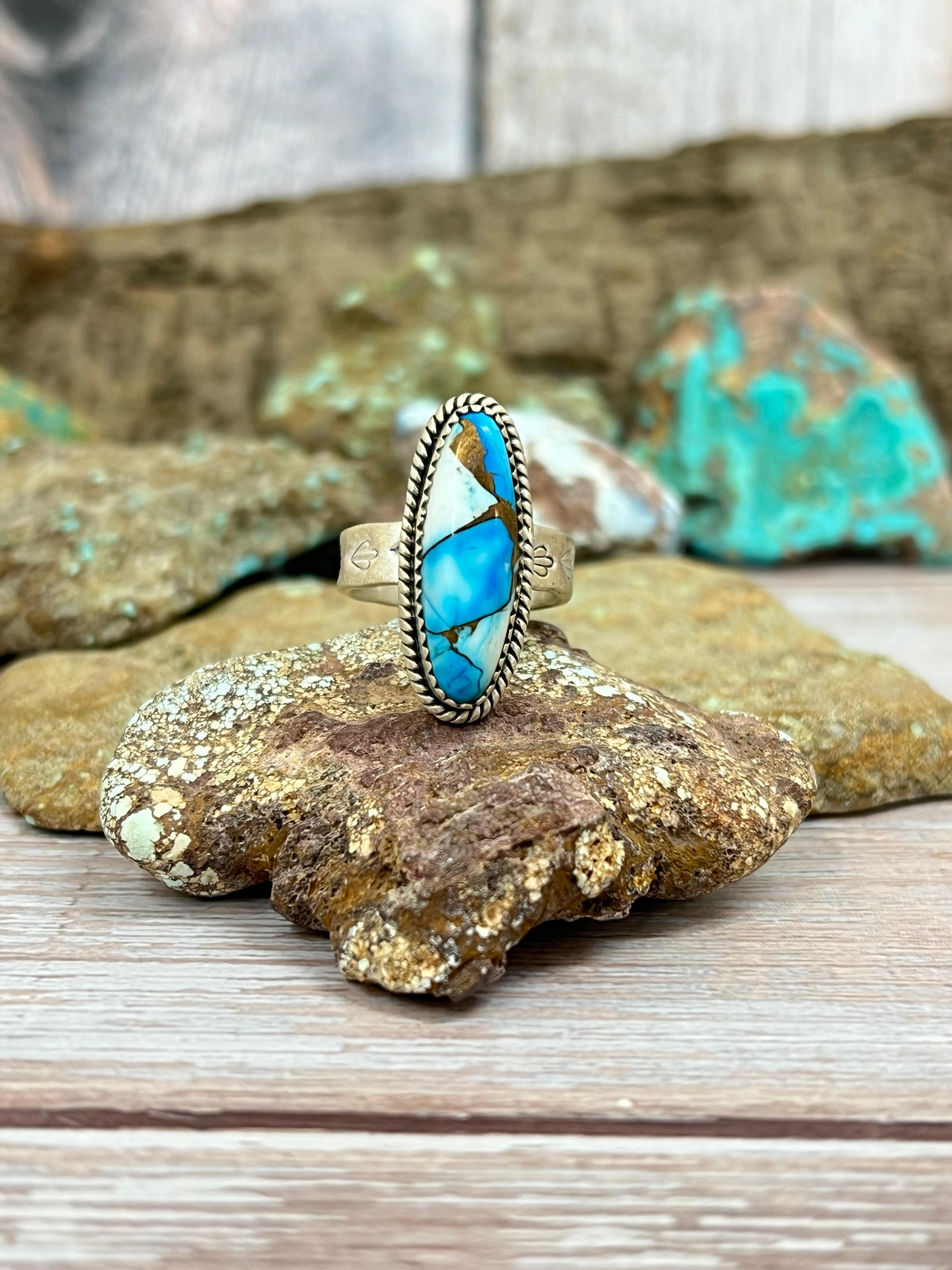 Handmade Sterling Silver Blue Ice Dahlia Adjustable Ring with Signed Nizhoni