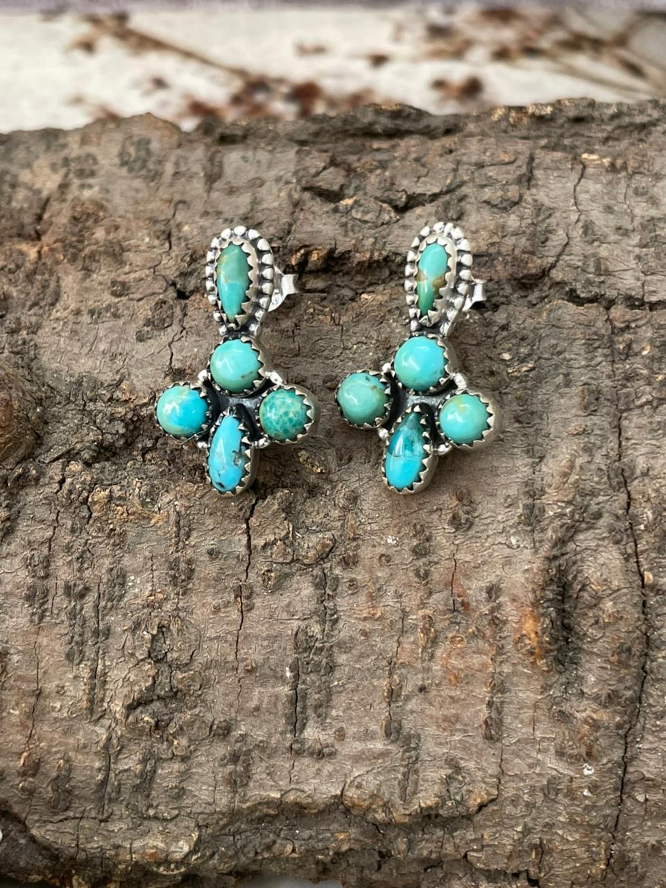 Handmade Sterling Silver Kingman Turquoise Post Dangle Earrings "Signed Nizhoni"