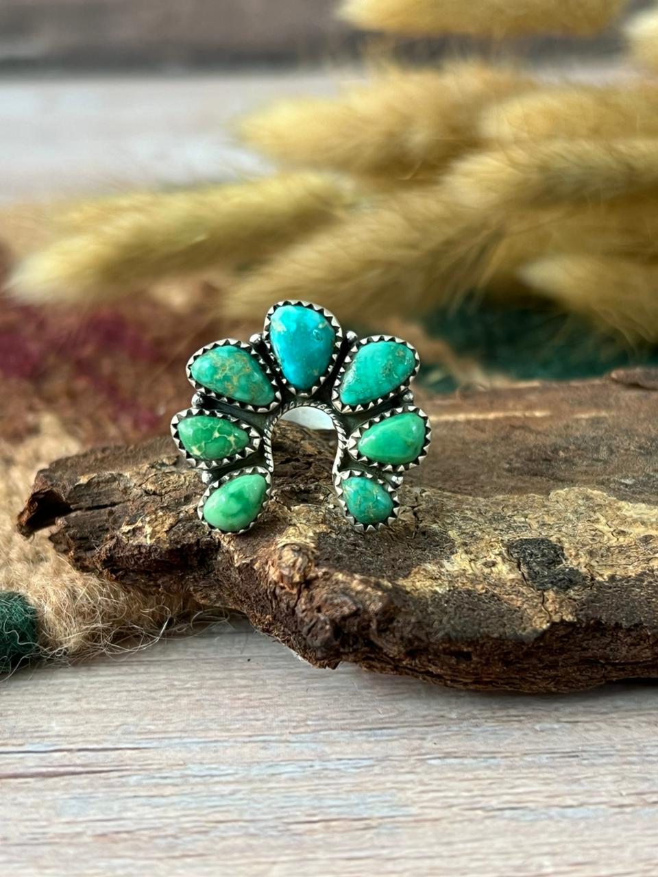 Handmade Sterling Silver Emerald Valley Turquoise Adjustable Ring "Signed Nizhoni"