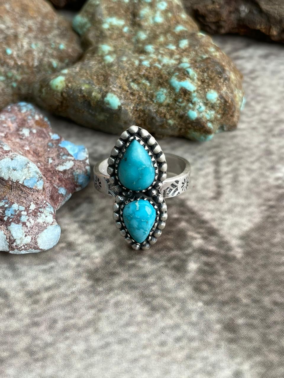 Handmade Sterling Silver White Water Turquoise Adjustable Ring with Signed Nizhoni