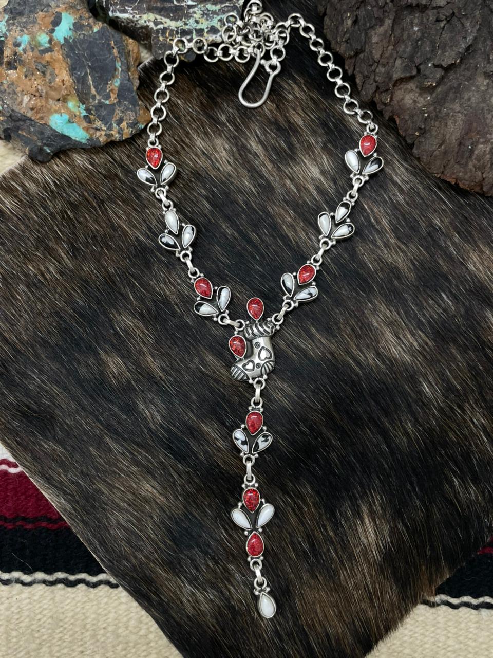Handmade Sterling Silver White Buffalo with Red Opal Lariat Necklace "Signed Nizhoni"