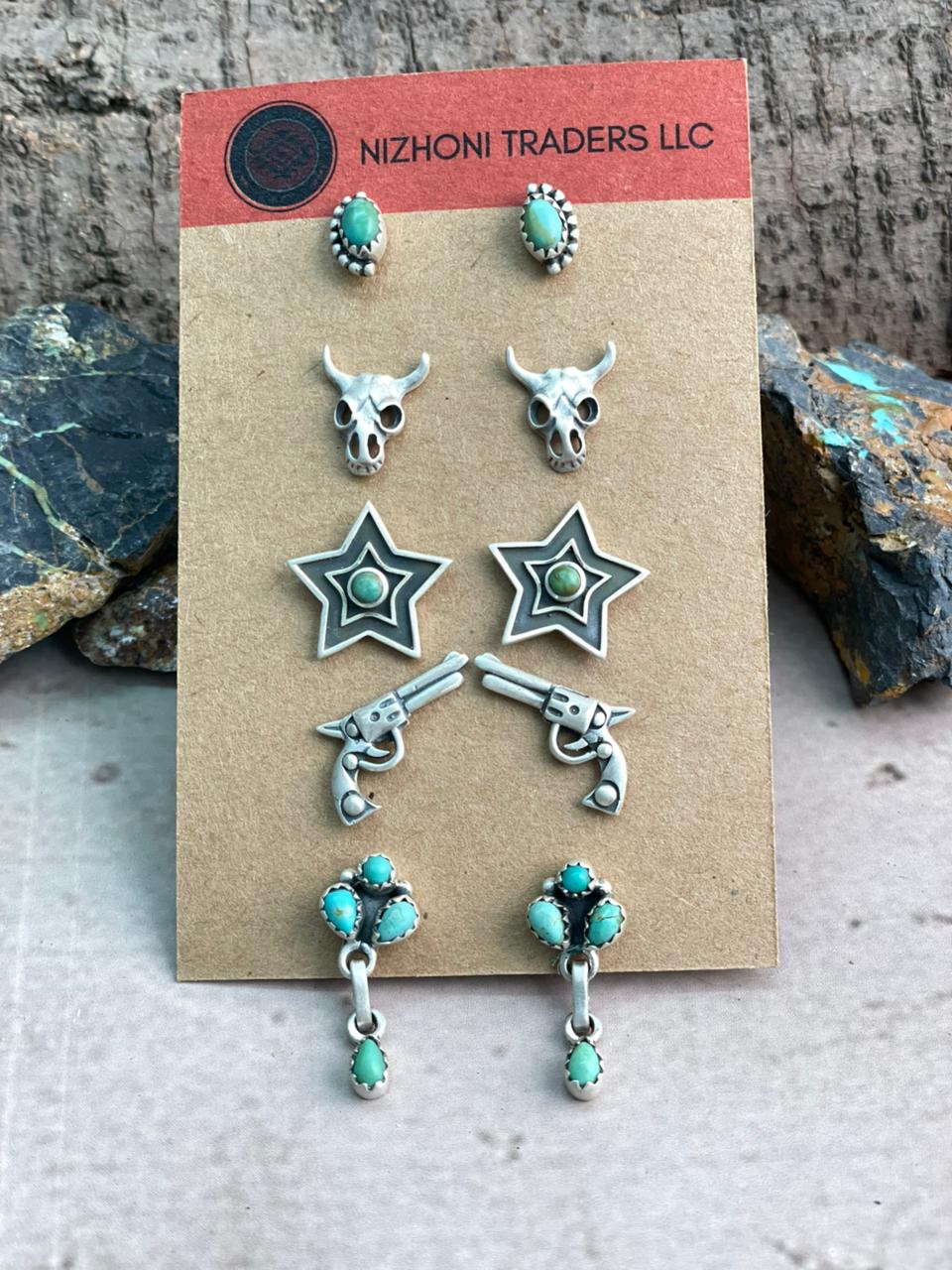 Handmade Sterling Silver Kingman Turquoise Post Studs Earrings Set