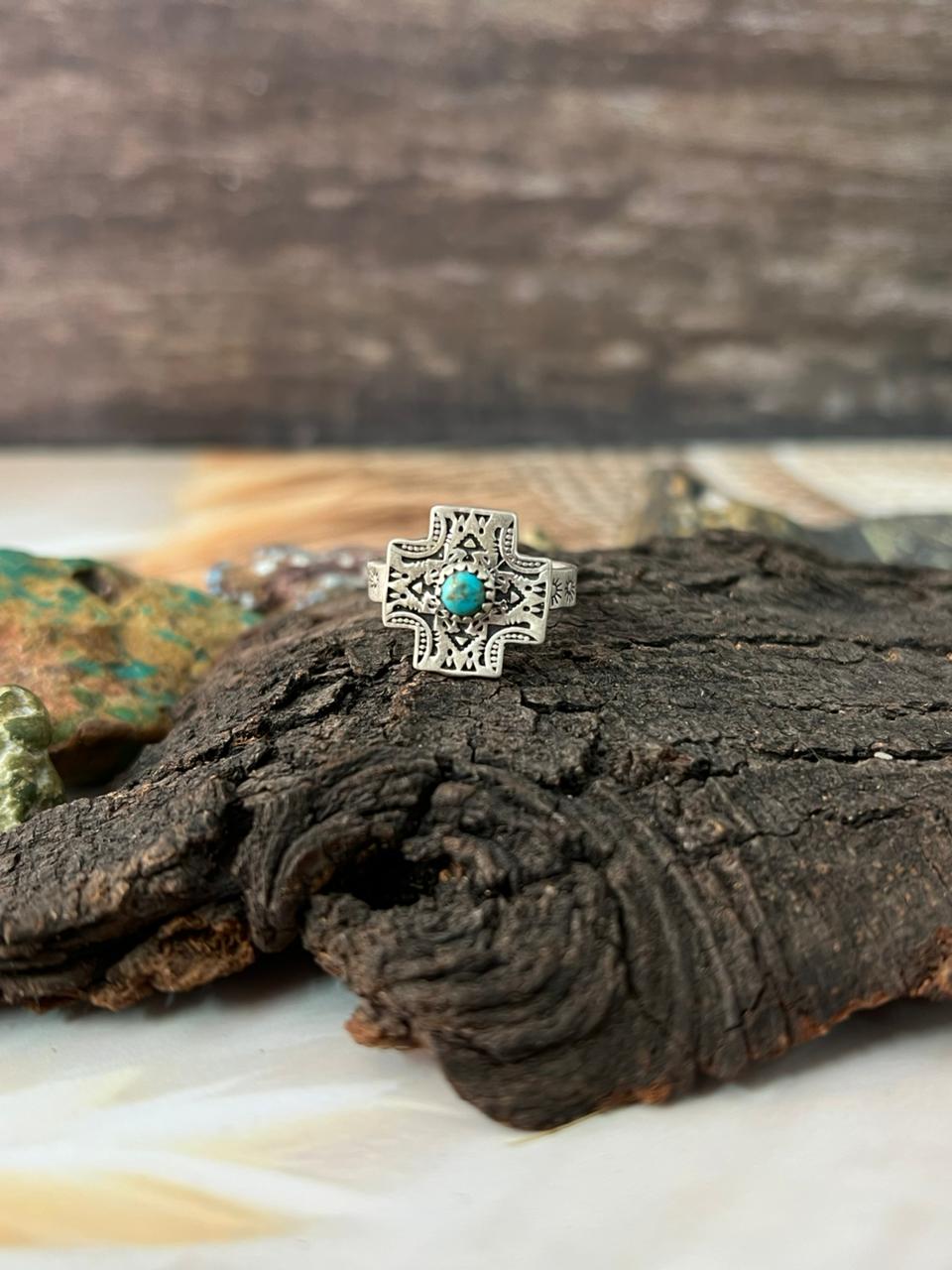 Handmade Sterling Silver Kingman Turquoise Cross Adjustable Ring "Signed Nizhoni"