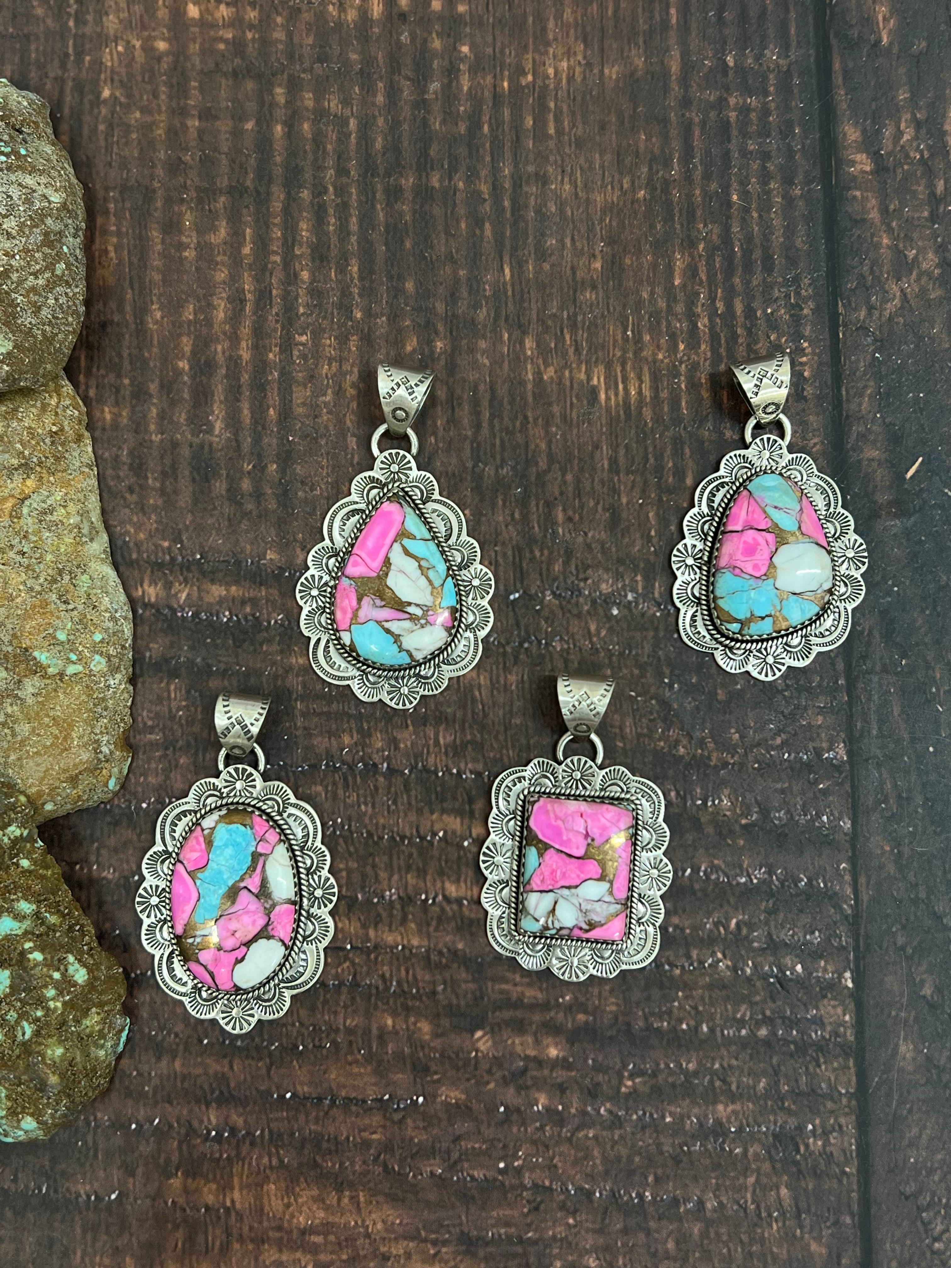 Handmade Sterling Silver Cotton Candy Turquoise Pendant with Signed Nizhoni