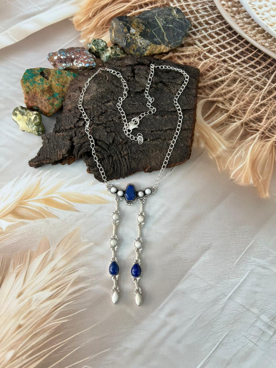 Handmade Sterling Silver White Buffalo with Lapis Necklace "Signed Nizhoni"