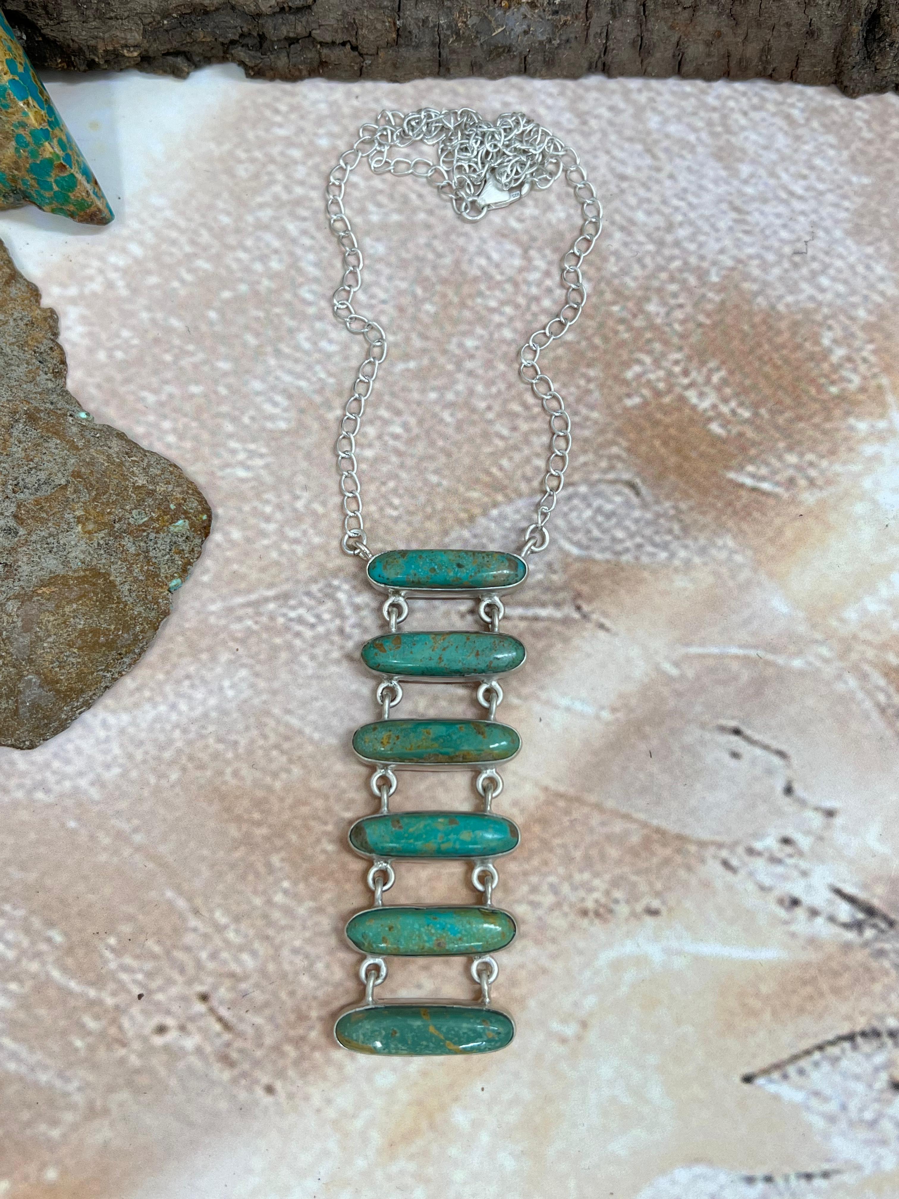 Handmade Sterling Silver Royston Turquoise Stairs Style Necklace with Signed Nizhoni
