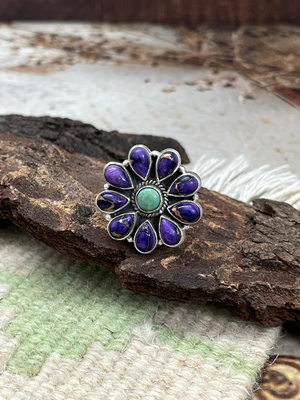 Handmade Sterling Silver Grape Dahlia with Kingman Turquoise Adjustable Ring "Signed Nizhoni"