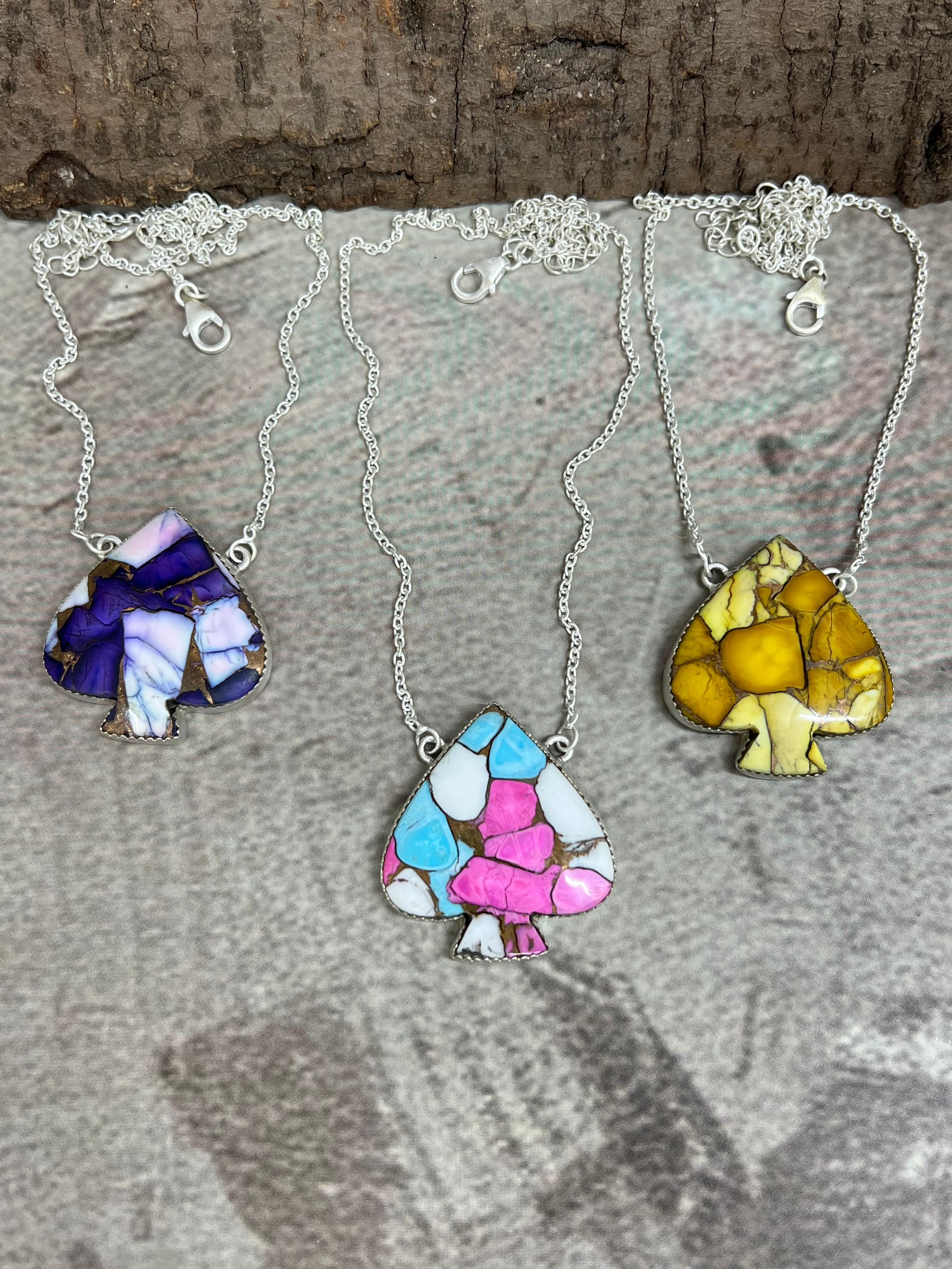 Handmade Sterling Silver Multi Stone Spade Necklace, Signed Nizhoni