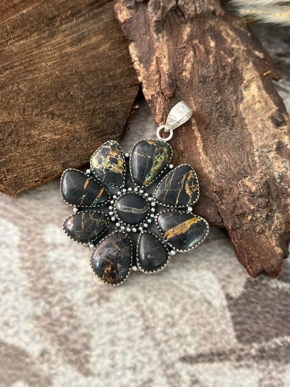 Handmade Sterling Silver Blackjack Turquoise Pendant Signed Nizhoni